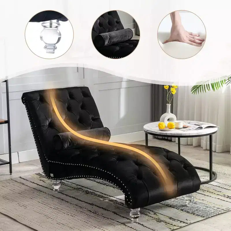 Chaise longue imbottita con bottoni e piedini trasparenti, comoda poltrona per camera da letto, soggiorno, ufficio