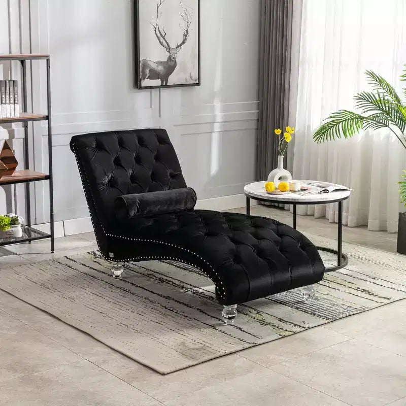 Chaise longue imbottita con bottoni e piedini trasparenti, comoda poltrona per camera da letto, soggiorno, ufficio