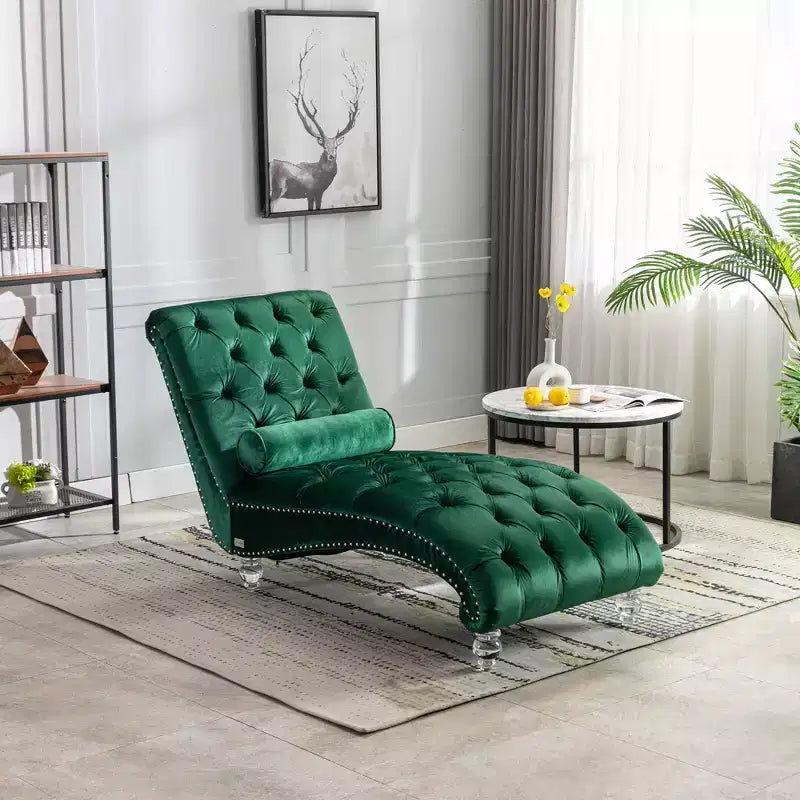 Chaise longue imbottita con bottoni e piedini trasparenti, comoda poltrona per camera da letto, soggiorno, ufficio