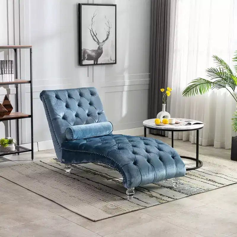 Chaise longue imbottita con bottoni e piedini trasparenti, comoda poltrona per camera da letto, soggiorno, ufficio