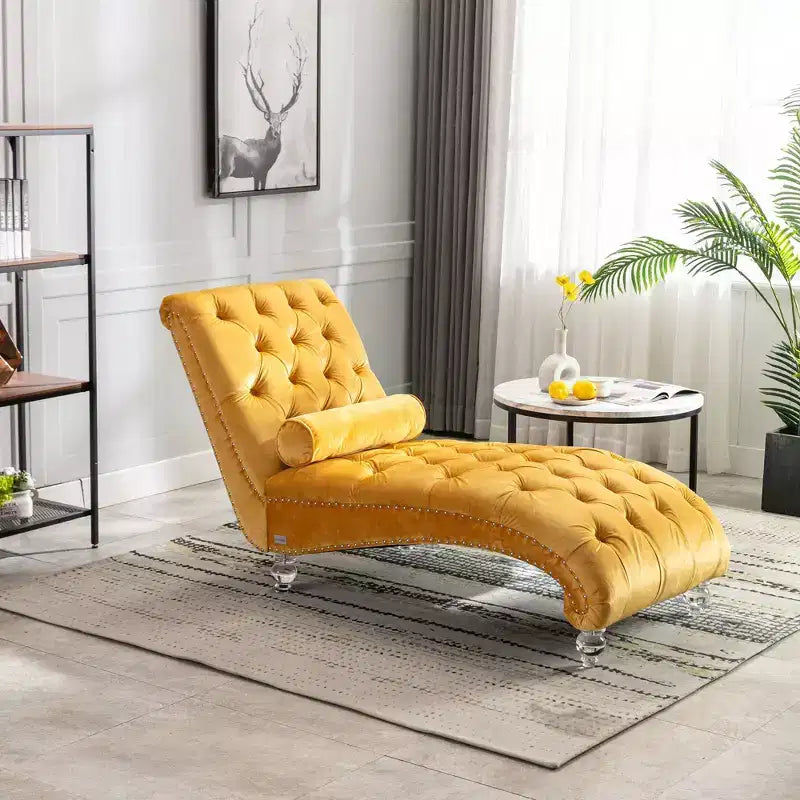 Chaise longue imbottita con bottoni e piedini trasparenti, comoda poltrona per camera da letto, soggiorno, ufficio