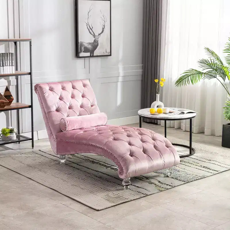 Chaise longue imbottita con bottoni e piedini trasparenti, comoda poltrona per camera da letto, soggiorno, ufficio