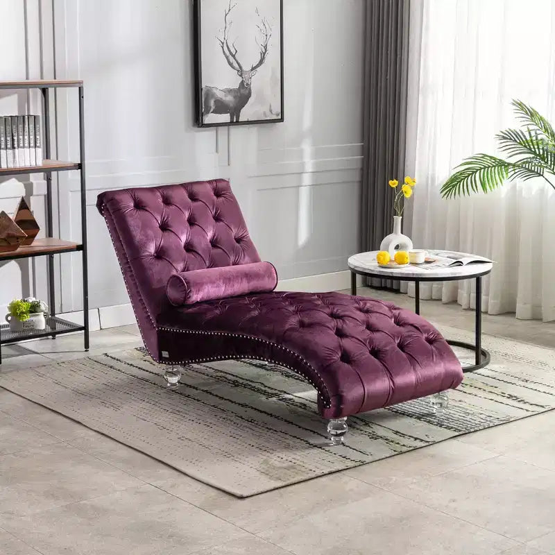 Chaise longue imbottita con bottoni e piedini trasparenti, comoda poltrona per camera da letto, soggiorno, ufficio