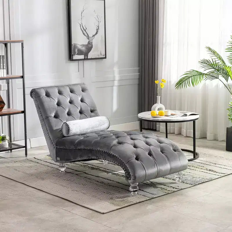Chaise longue imbottita con bottoni e piedini trasparenti, comoda poltrona per camera da letto, soggiorno, ufficio