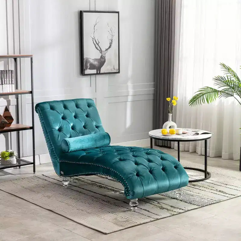 Chaise longue imbottita con bottoni e piedini trasparenti, comoda poltrona per camera da letto, soggiorno, ufficio
