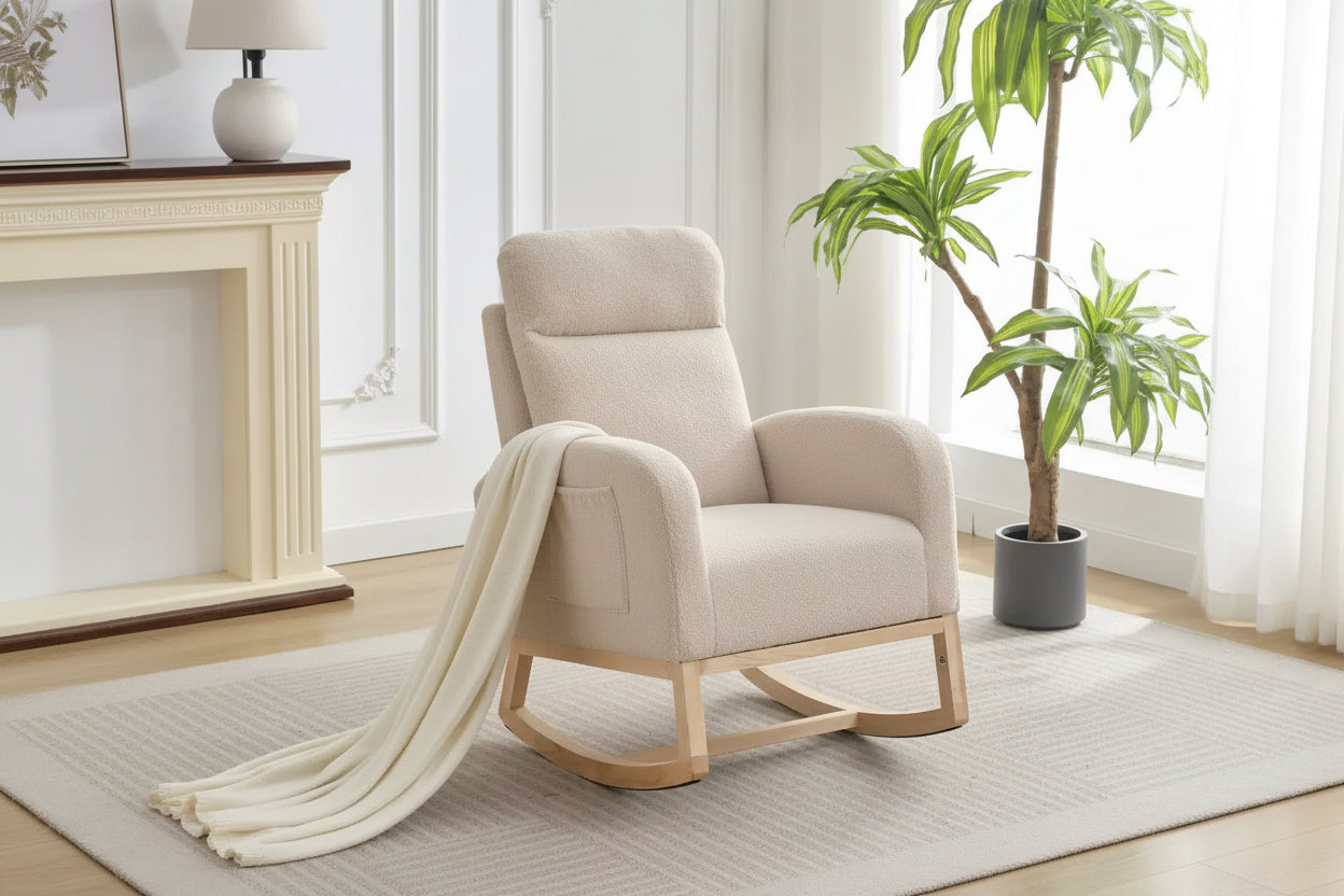 Modern Nursery Rocking Chair, Upholstered Glider Rocking Chair with Side Pockets, Rocking Armchair, Comfortable Recliner for Living Room