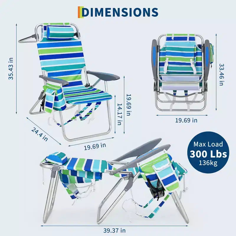 di 2 sedie a zaino da spiaggia per adulti, sedie pieghevoli leggere in alluminio con schienale regolabile a 5 posizioni, portasciugamani, tasche portaoggetti