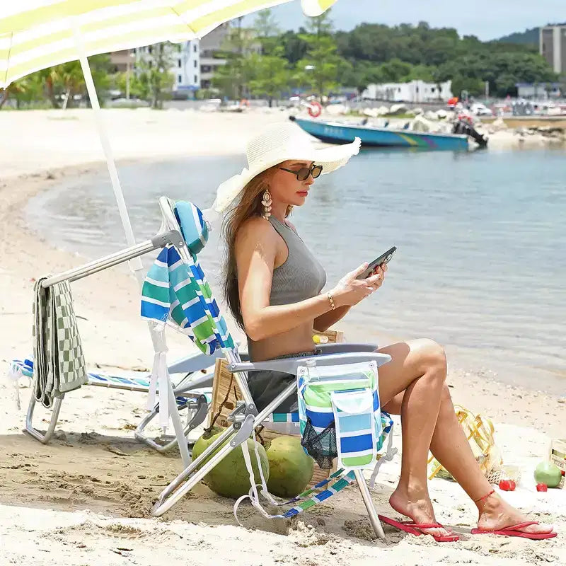 di 2 sedie a zaino da spiaggia per adulti, sedie pieghevoli leggere in alluminio con schienale regolabile a 5 posizioni, portasciugamani, tasche portaoggetti