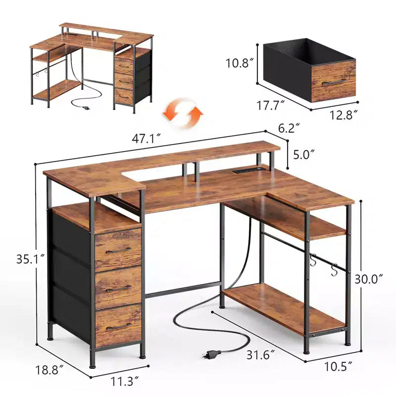 Scrivania per computer a L marrone da 47 pollici con stazione di ricarica Scrivania da gaming reversibile Luci LED Cassettiera Porta monitor Scaffali contenitori per Home Office