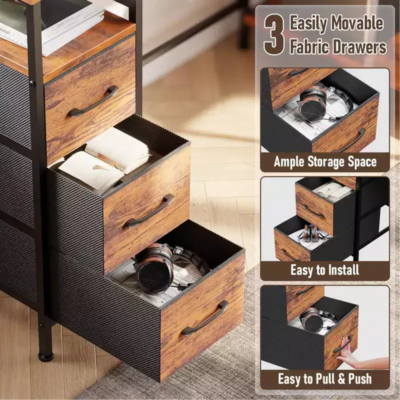 Scrivania per computer a L marrone da 47 pollici con stazione di ricarica Scrivania da gaming reversibile Luci LED Cassettiera Porta monitor Scaffali contenitori per Home Office