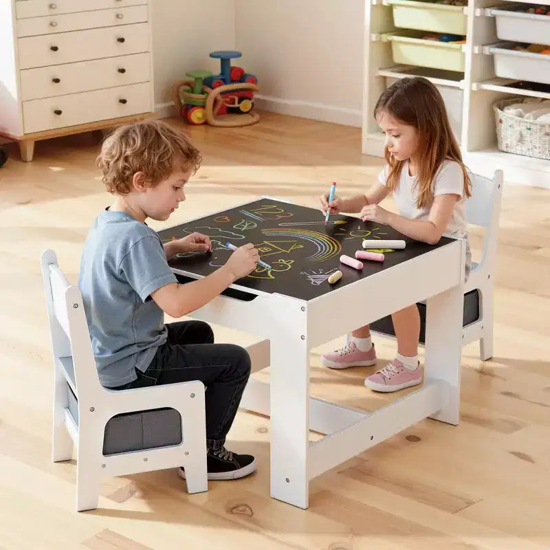 e Set di 2 Sedie, Tavolo e Sedie per Bambini con Spazio di Archiviazione Sotto il Tavolo, Scatola Contenitore in Tessuto Sotto le Sedie, Bianco