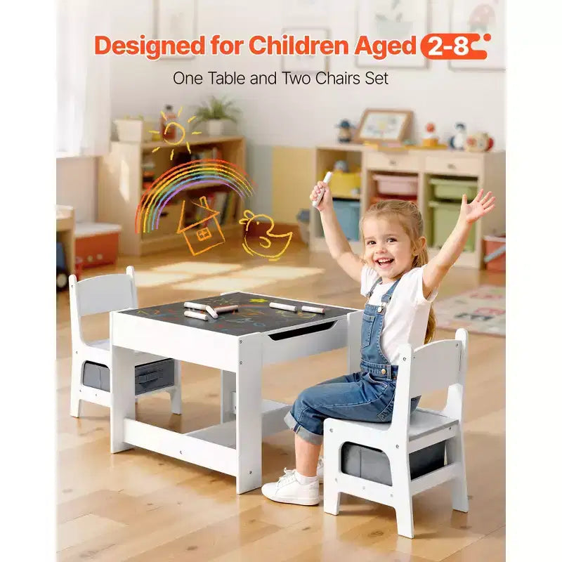 e Set di 2 Sedie, Tavolo e Sedie per Bambini con Spazio di Archiviazione Sotto il Tavolo, Scatola Contenitore in Tessuto Sotto le Sedie, Bianco