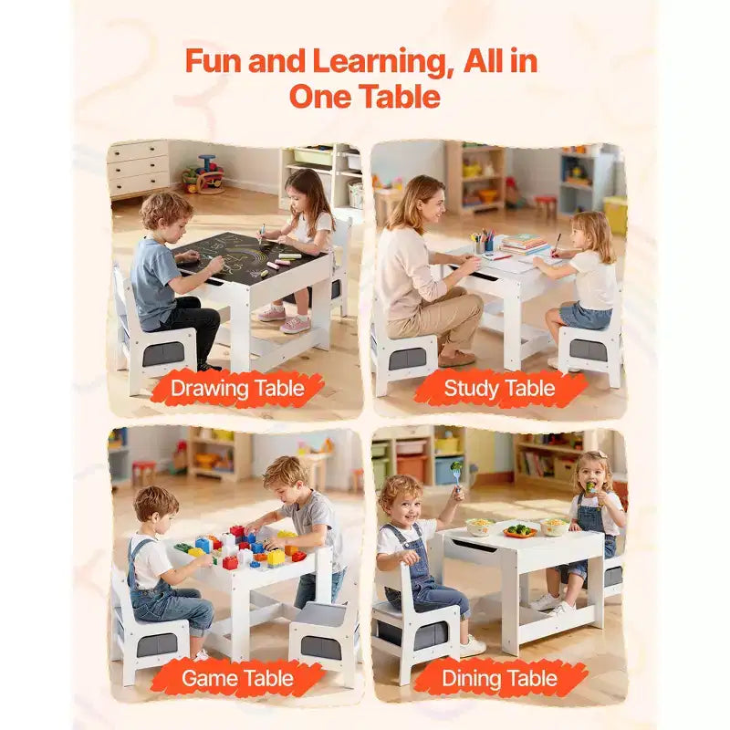e Set di 2 Sedie, Tavolo e Sedie per Bambini con Spazio di Archiviazione Sotto il Tavolo, Scatola Contenitore in Tessuto Sotto le Sedie, Bianco