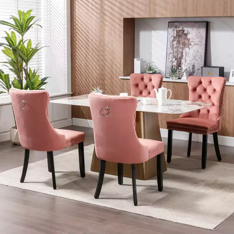 Sedie da pranzo in velluto trapuntato, gambe in legno massello con borchie, set di 2 sedie laterali imbottite contemporanee, rosa