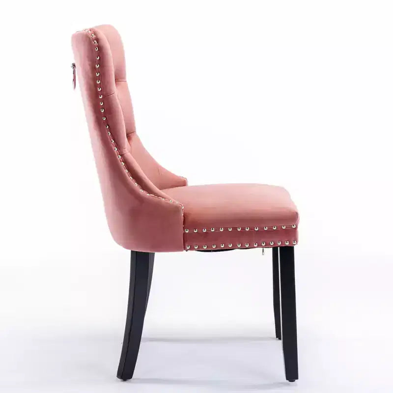 Sedie da pranzo in velluto trapuntato, gambe in legno massello con borchie, set di 2 sedie laterali imbottite contemporanee, rosa