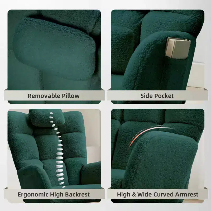 Poltrona a dondolo imbottita per soggiorno, camera da letto e ufficio, comoda poltrona scorrevole, rivestimento in morbido tessuto felpato, senza pouf