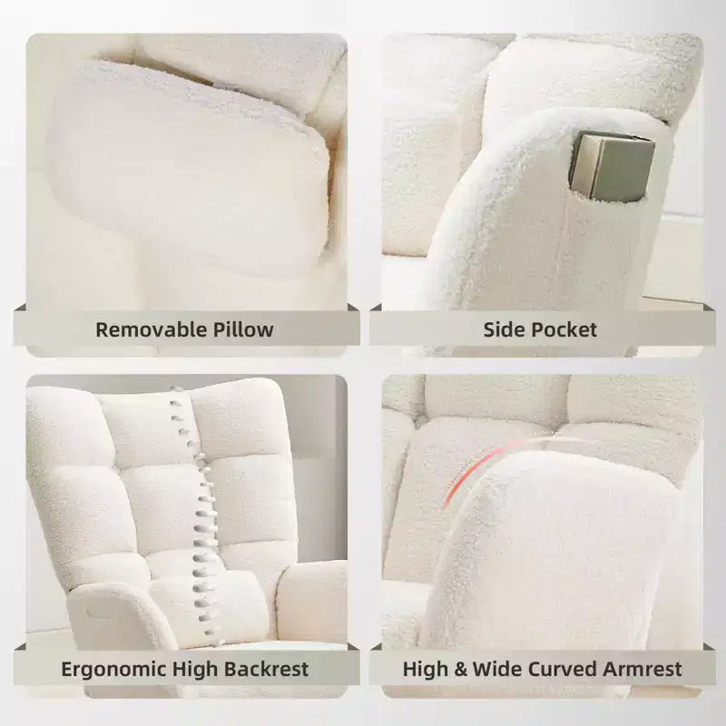 Poltrona a dondolo imbottita per soggiorno, camera da letto e ufficio, comoda poltrona scorrevole, rivestimento in morbido tessuto felpato, senza pouf