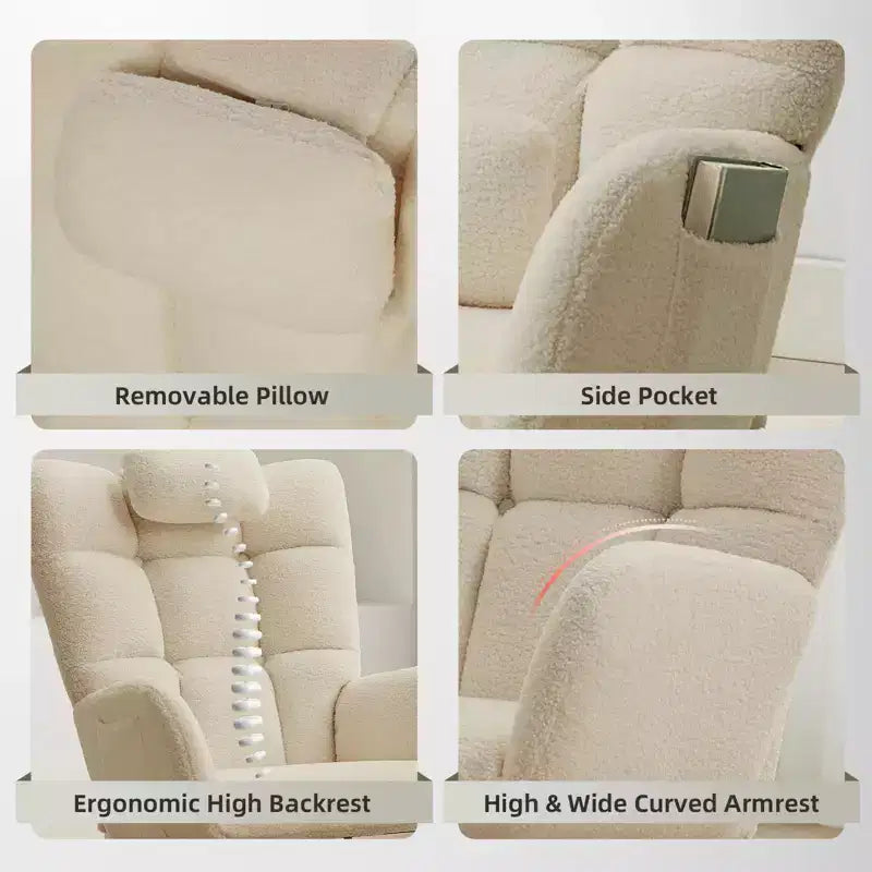 Poltrona a dondolo imbottita per soggiorno, camera da letto e ufficio, comoda poltrona scorrevole, rivestimento in morbido tessuto felpato, senza pouf
