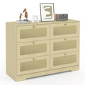 Modern 6-Drawer Rattan Dresser in Natural Oak, Wooden Closet Storage OrganizerBoho Design and Wood Handles