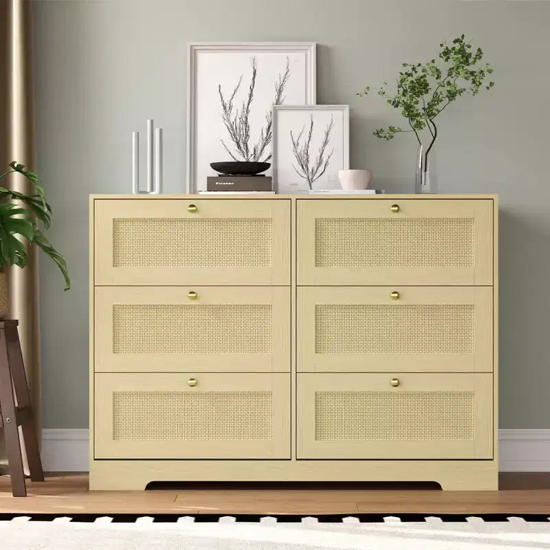 Comò a 6 cassetti in rattan rovere naturale, organizer portaoggetti in legno stile Boho e maniglie in legno