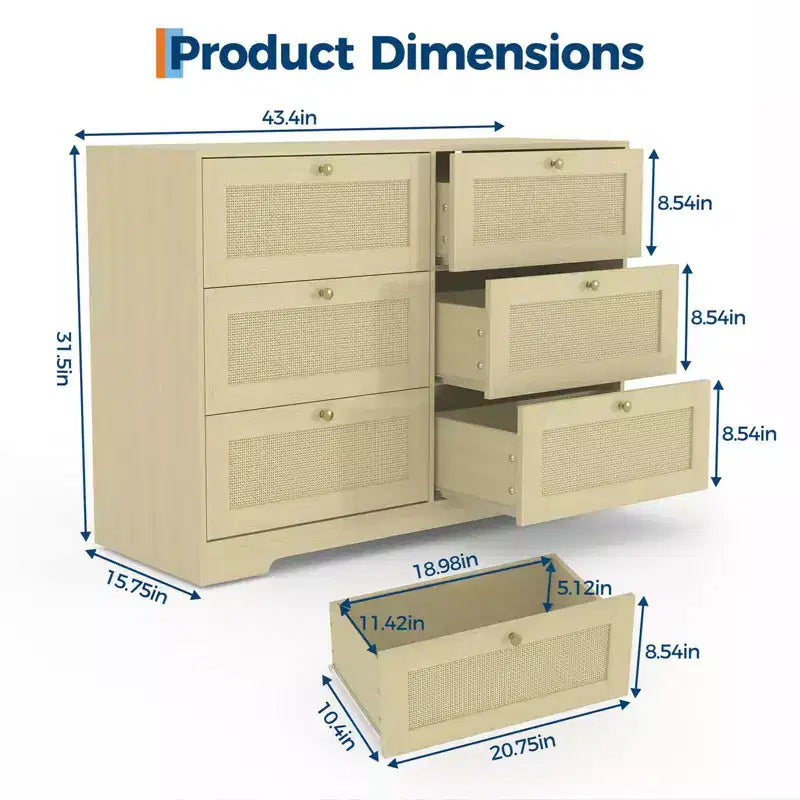 Comò a 6 cassetti in rattan rovere naturale, organizer portaoggetti in legno stile Boho e maniglie in legno