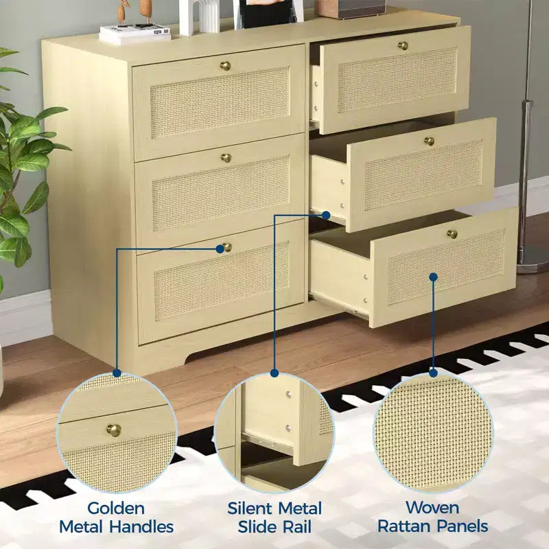Comò a 6 cassetti in rattan rovere naturale, organizer portaoggetti in legno stile Boho e maniglie in legno