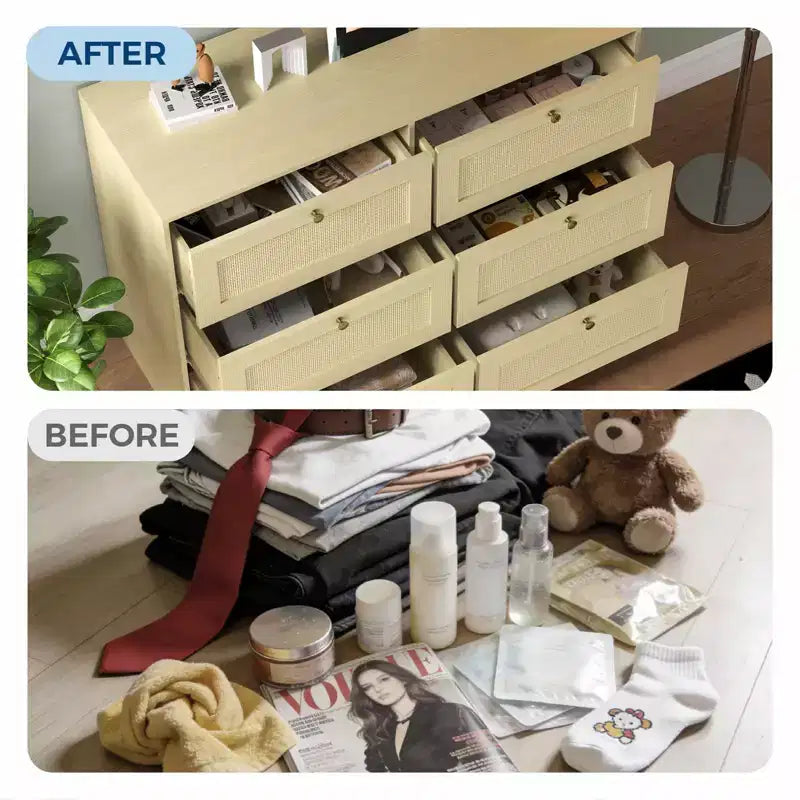 Comò a 6 cassetti in rattan rovere naturale, organizer portaoggetti in legno stile Boho e maniglie in legno