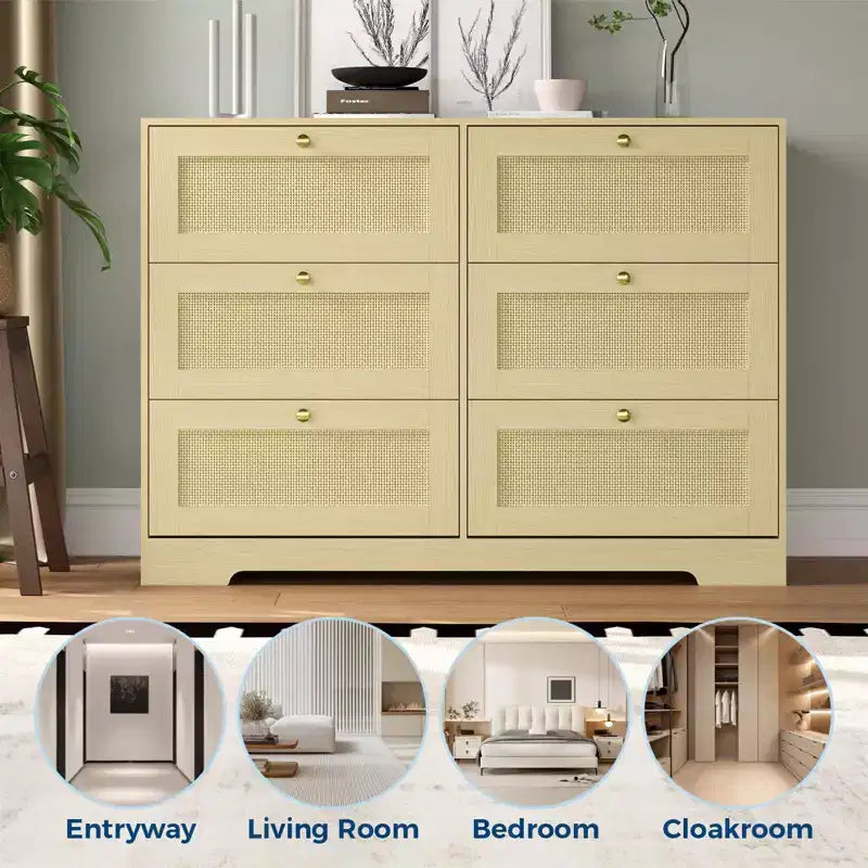Comò a 6 cassetti in rattan rovere naturale, organizer portaoggetti in legno stile Boho e maniglie in legno