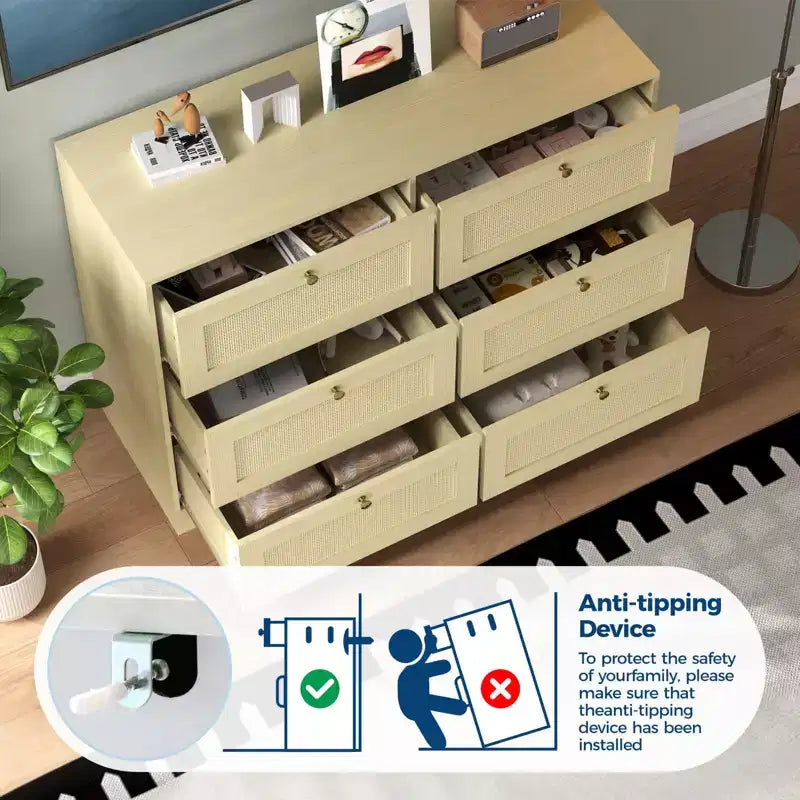 Comò a 6 cassetti in rattan rovere naturale, organizer portaoggetti in legno stile Boho e maniglie in legno