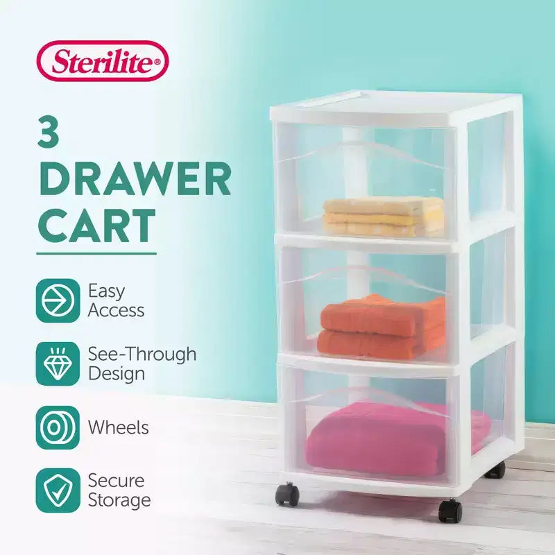 Carrello portaoggetti a 3 cassetti, organizer medio in plastica con ruote, bianco, confezione da 4