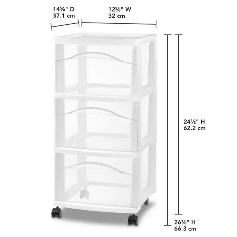 Carrello portaoggetti a 3 cassetti, organizer medio in plastica con ruote, bianco, confezione da 4