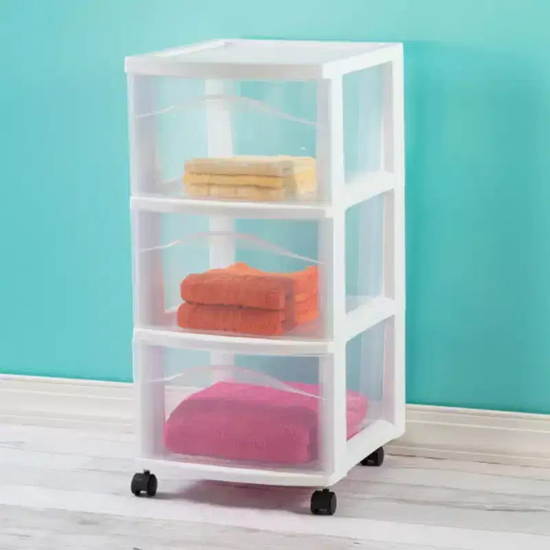Carrello portaoggetti a 3 cassetti, organizer medio in plastica con ruote, bianco, confezione da 4
