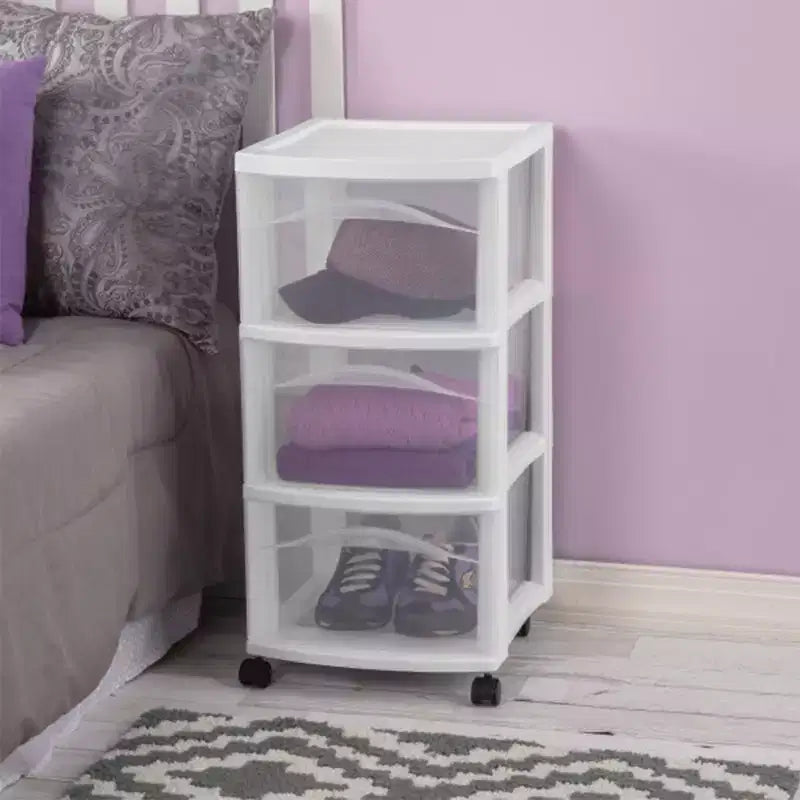 Carrello portaoggetti a 3 cassetti, organizer medio in plastica con ruote, bianco, confezione da 4