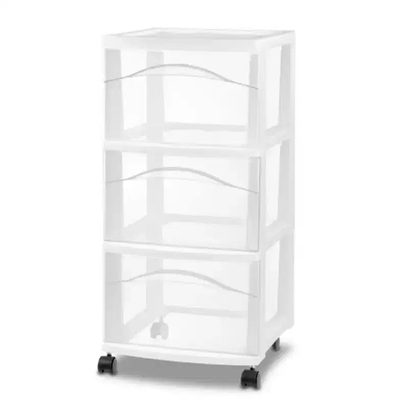 Carrello portaoggetti a 3 cassetti, organizer medio in plastica con ruote, bianco, confezione da 4