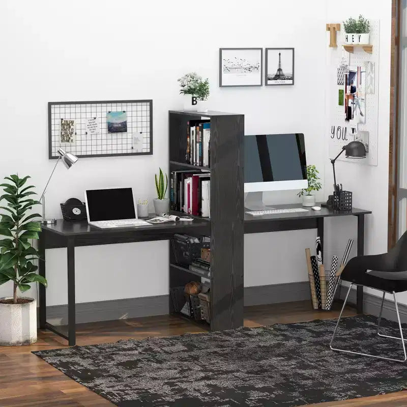 Scrivania per computer extralunga da 88 pollici per 2 persone con mensole portaoggetti, postazione di lavoro doppia con contenitore e tavolo da studio/scrittura per ufficio a casa, libreria