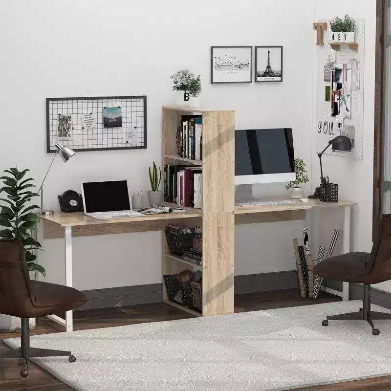 Scrivania per computer extralunga da 88 pollici per 2 persone con mensole portaoggetti, postazione di lavoro doppia con contenitore e tavolo da studio/scrittura per ufficio a casa, libreria
