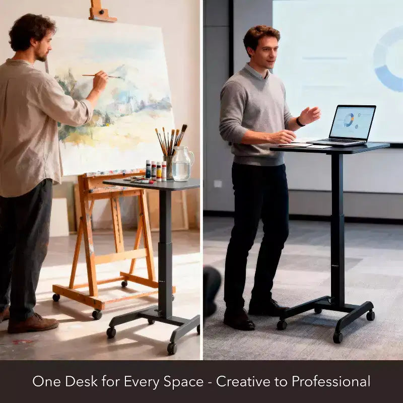 It! Scrivania Portatile con Ruote Regolabile in Altezza | 60 x 52 cm | Carrello Postazione di Lavoro Mobile Sit-Stand con Sollevatore a Molla Pneumatica | Nero