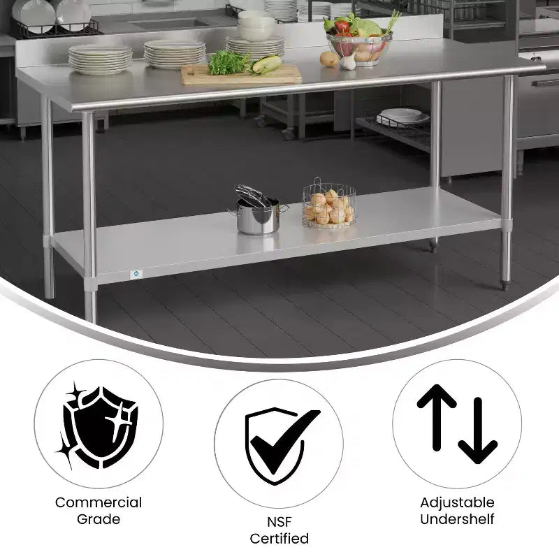 Tavolo da Lavoro e Preparazione Culinaria Commerciale in Acciaio Inox 430 di Grado Commerciale 18 Gauge Certificato NSF con Ripiano Regolabile e Alzatina